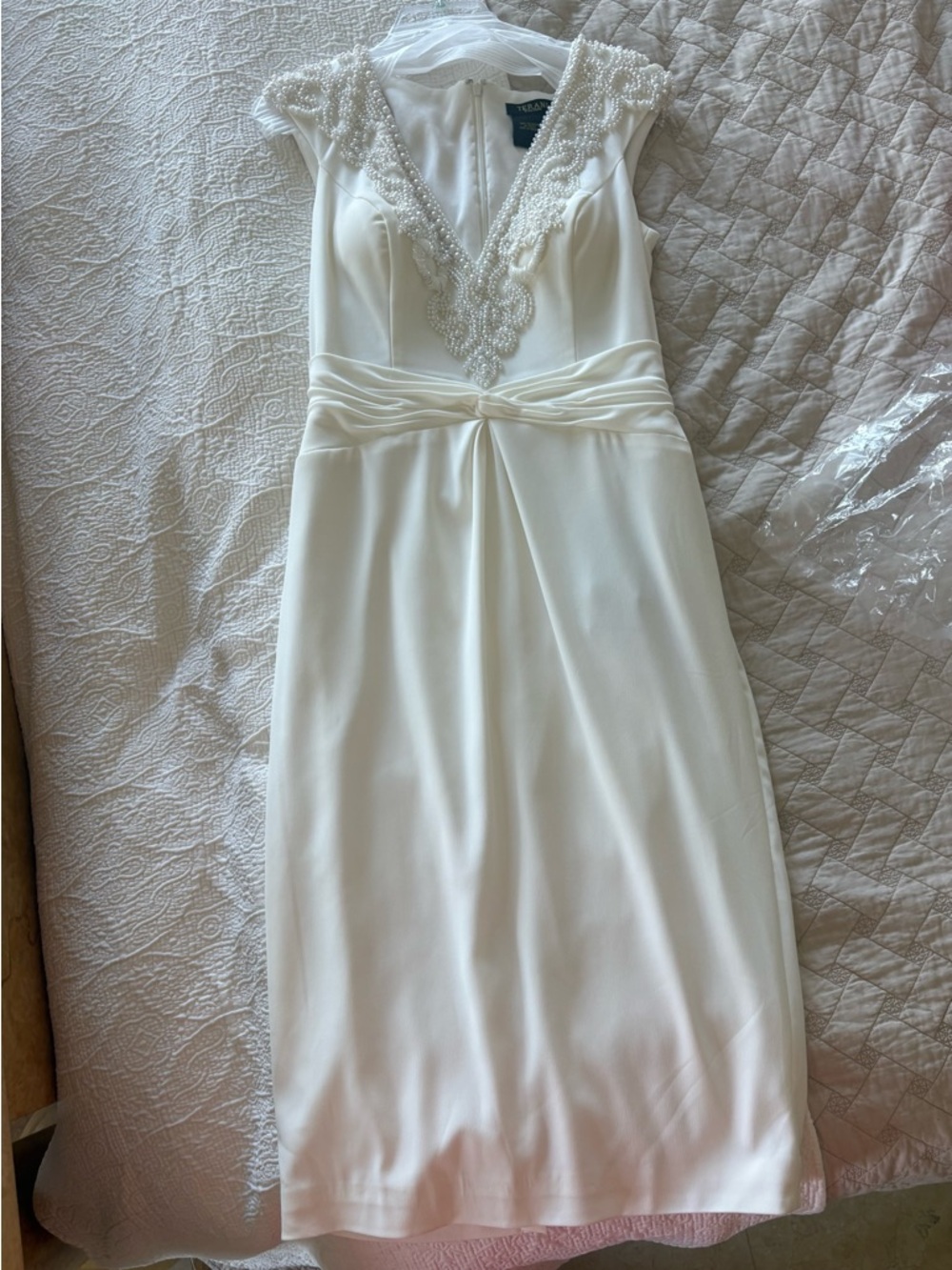 Terani Couture Ivory Midi Dress with Beaded V-Neck